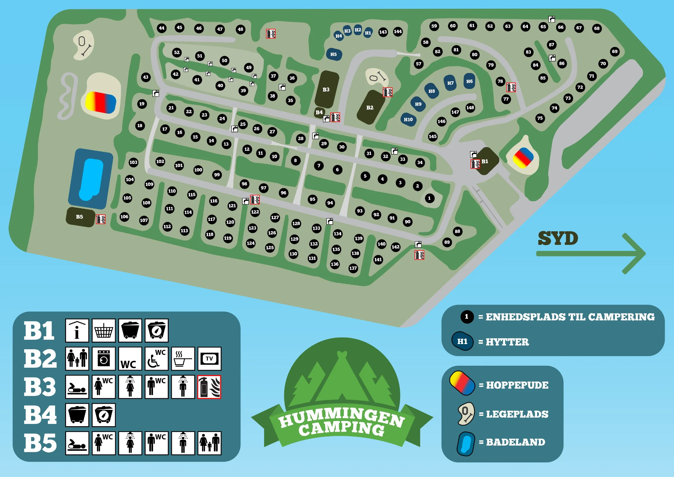 Pladskort over Hummingen Camping med pladser, hytter og faciliteter
